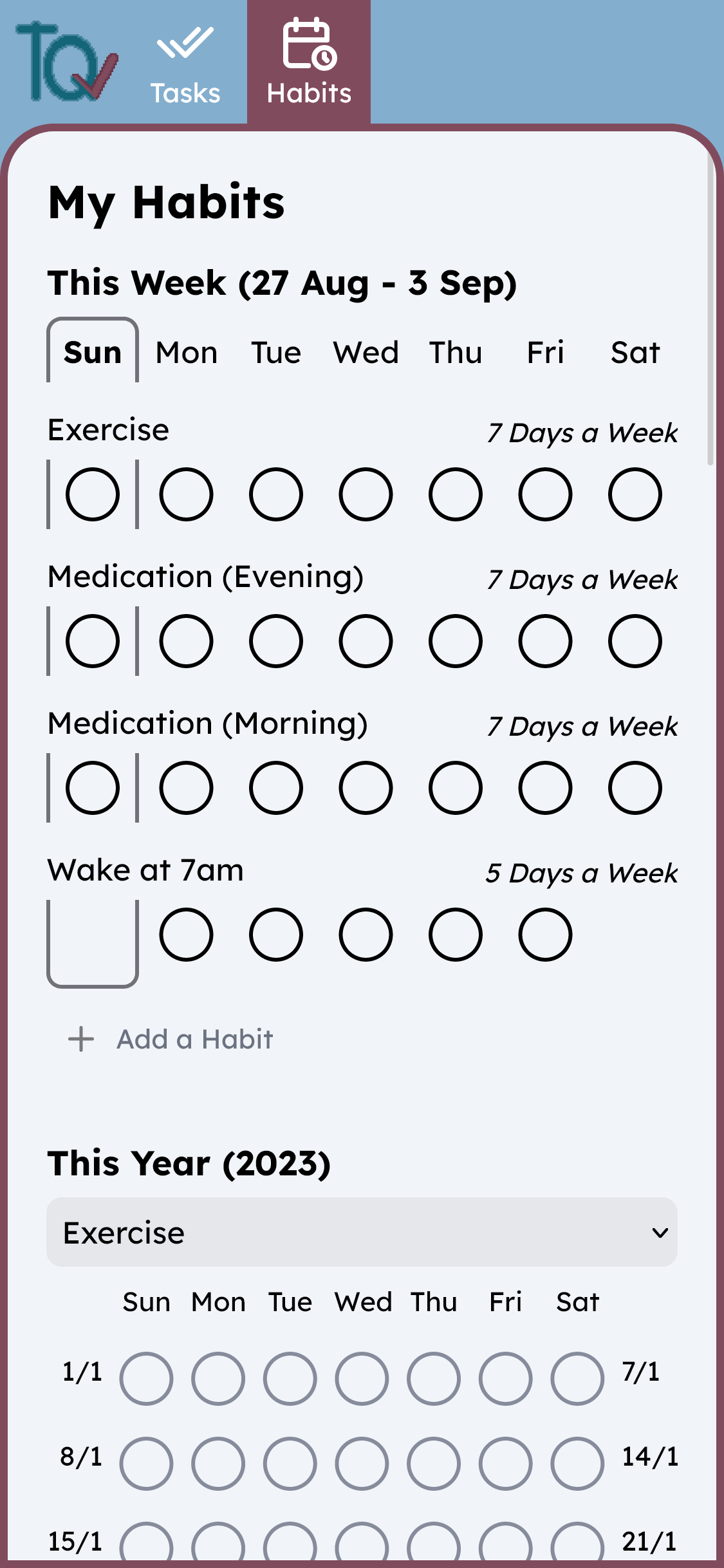 The app's Habits weekly list view