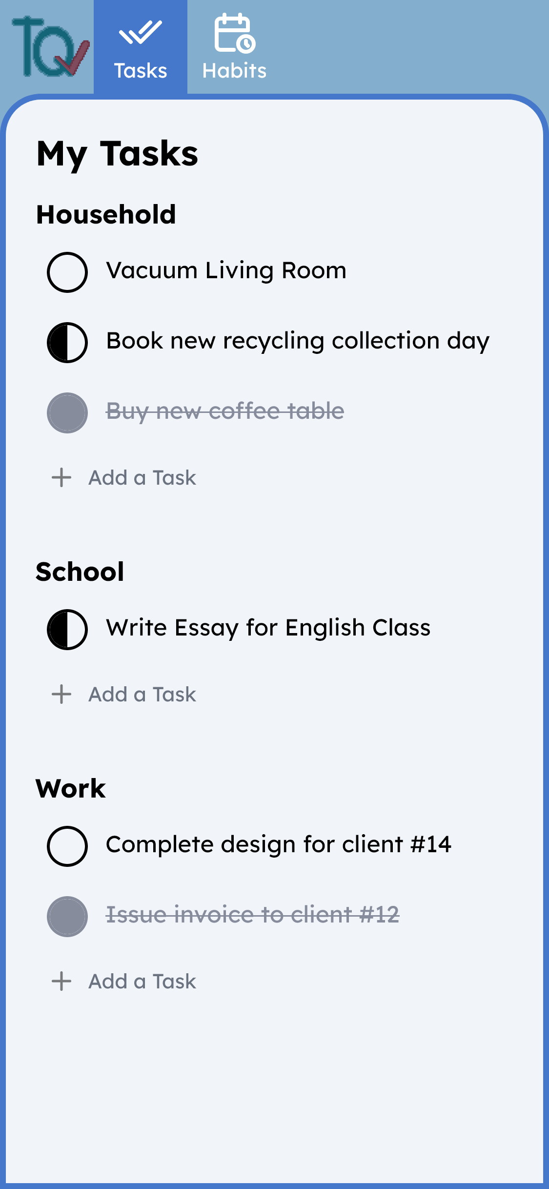 The app's Tasks list view on mobile